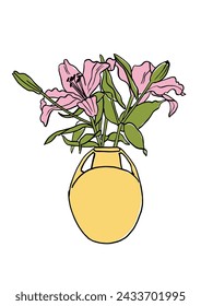 Vector illustration - colorful sketch with lily flowers with vase . Art for for prints, wall art, banner, background