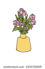 Vector illustration - colorful sketch with pink tulip flowers with vase . Art for for prints, wall art, banner, background