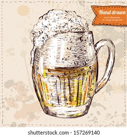 Vector illustration of colorful sketched cup of beer. Hand drawn on vintage background