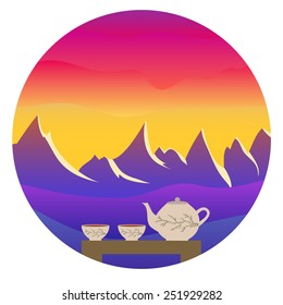 Vector illustration. Colorful sky, mountain landscape, two cups of tea and a teapot on the table