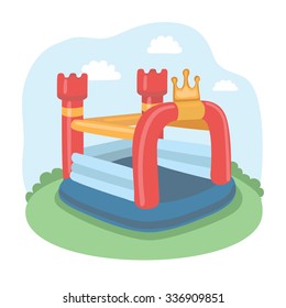 Vector illustration Of Colorful Small Air Bouncer Inflatable Trampoline Castle On The Meadow