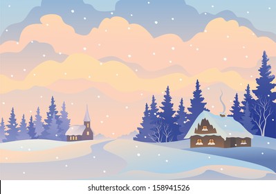 Vector illustration of a colorful snowy Christmas landscape with snow covered houses