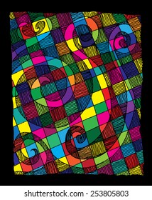 Vector illustration of colorful spectrum abstract spiral checkers drawing. Hand drawn image.