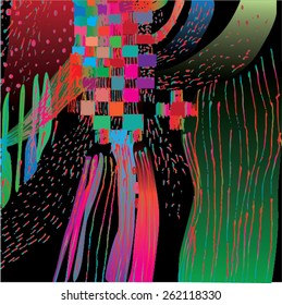 Vector illustration of colorful, spectrum, rainbow hand drawn graphic pattern / background. Checkers, lines, distressed, distorted, grunge image.