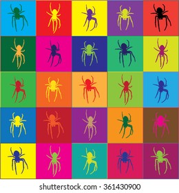Vector illustration of colorful, spectrum, rainbow spider graphic pattern / background. Colorful spider tiles.