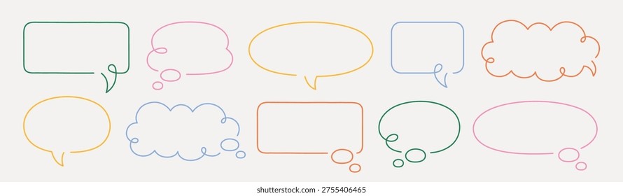 Vector illustration of colorful speech and thought bubbles in various shapes. Ideal for design projects, presentations, and creative storytelling.