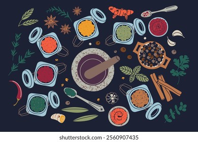 Vector illustration of colorful spices in glass jars with mortar and pestle, poster or banner with herbs and condiments on dark background. Flat design, cartoon style, perfect for cooking themes