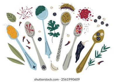 Vector illustration of colorful spices and herbs on spoons, flat cartoon style. Decorative culinary ingredients, garlic and cloves, turmeric, paprika, chili ground for cooking themes