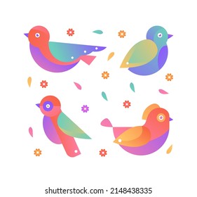 Vector illustration of colorful spring birds. Geometric gradient birds isolated on white background. Textile or branding design idea, notebook cover, nursery poster.