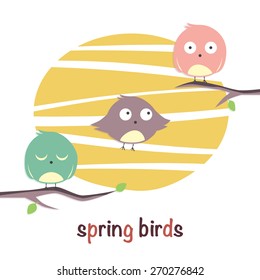 Vector illustration of colorful spring card with birds on branch. Could be used as gift card, invitation, banner, background, wallpaper