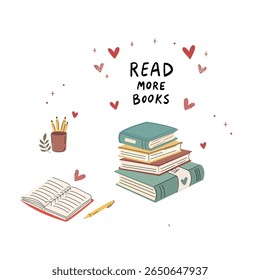 Vector illustration of a colorful stack of books and the motivational quote “Read More Books.” Ideal for children’s learning materials, posters, classroom decor, educational campaigns, and reading pro