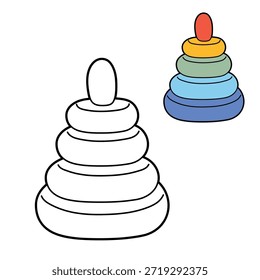 Ilustración vectorial de una pirámide de juguete de anillo de apilamiento de colores para niños. Diseño plano de la historieta con el contorno y la versión coloreada, juguete educativo del bebé para el aprendizaje temprano, juego del niño, guardería y actividades de los niños.
