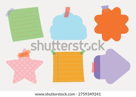 Vector illustration of colorful sticky notes in various shapes: square, cloud, star, flower, arrow. Each note is taped with different colored tape.