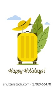 Vector illustration with colorful suitcase, hat, leaves, clouds. Template for card, poster, banner.