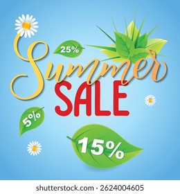  Vector illustration of a colorful summer sale poster with prominent discount percentages on green leaves. Features vibrant handwritten text "Summer Sale" and decorative elements on a blue background.