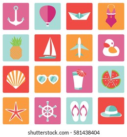 Vector illustration of colorful summer symbols ans objects
