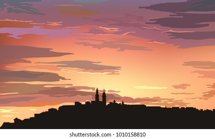 Vector illustration with colorful sunset over the city
