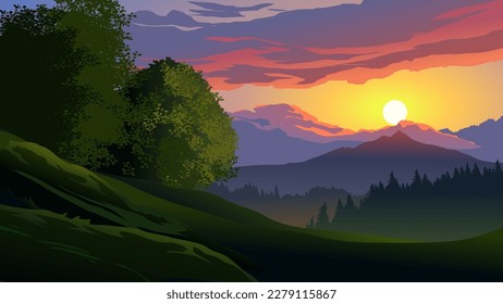 Vector illustration of colorful sunset over mountain forest with mountain in the distance