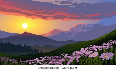 Vector illustration of colorful sunset over mountain forest with flowers and mountain in the distance