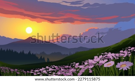 Vector illustration of colorful sunset over mountain forest with flowers and mountain in the distance
