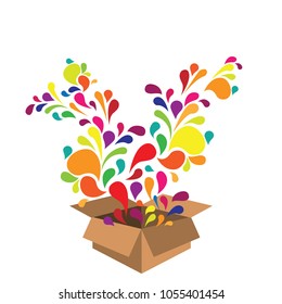 vector illustration of colorful swirls exploding from carton box for surprising and new ideas creation