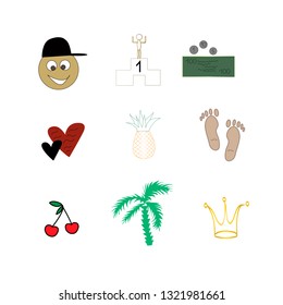 Vector illustration with colorful symbols:crown, motivation,hearts,money,pineapple,footprints,cherry,smiley face,palm.