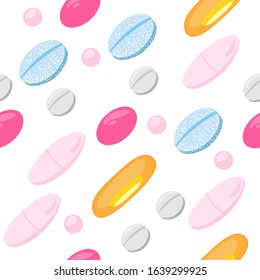 Vector illustration of colorful tablets and capsules on white background. Pills seamless pattern.