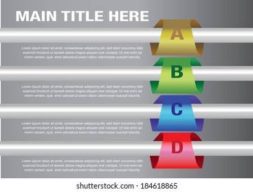 Vector illustration of colorful tags on shiny silver metal rods. Layout and Template for page design with copy space.