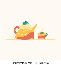 Vector illustration of colorful teapot with cup. Tea party or ceremony. Cartoon style. 