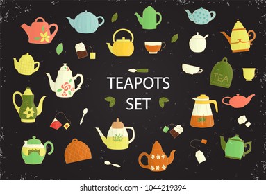 Vector illustration of colorful teapots. Bright tea set. Colored kettles isolated on dark background. Vintage textured doodle style drawing. 