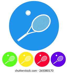 Vector illustration of colorful tennis racket and ball. Flat design style.
