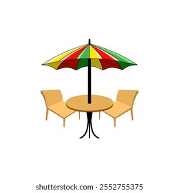 Vector illustration of colorful terrace set featuring umbrella, table and chairs. Perfect for depicting outdoor leisure, summer relaxation or garden dining.