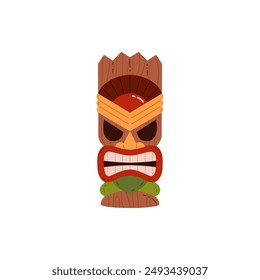 Vector illustration of a colorful Tiki mask with fierce facial expression. The mask features bold geometric shapes, vibrant red and green colors, and intricate wood textures.