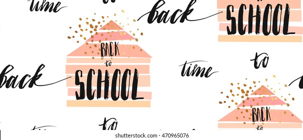 Vector illustration of colorful time to back to school lettering seamless pattern quote on colorful abstract school building background in gold and pastel colors isolated on white.