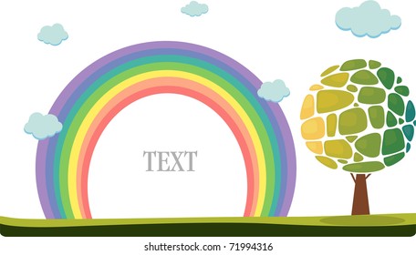 Vector illustration of colorful tree and rainbow background.