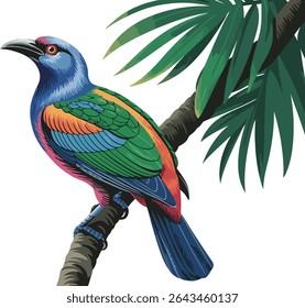 Vector Illustration of a Colorful Tropical Bird Perched on a Tree Branch