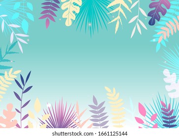 Vector illustration with colorful tropical leaves and empty space for text. Template for invitation card or web and advertising banner, advertisement poster of travel agency, decoration.