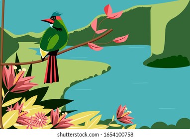 Vector illustration of a colorful tropical sea landscape with a parrot and flowers. Business, decoration, banner.