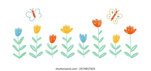 Vector illustration of colorful tulips and butterflies drawn with crayons on white background. Beautiful isolated spring floral design of children's drawing. Greeting card on spring theme