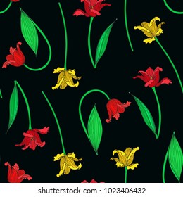 Vector illustration of colorful tulips seamless pattern. Red and yellow tulips on black background. Hand drawn.