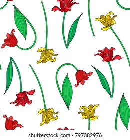 Vector illustration of colorful tulips seamless pattern. Red and yellow tulips on white background. Hand drawn.