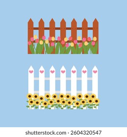 Vector Illustration of Colorful Tulips and Wooden Fence, Cute Sunflowers and White Picket Fence with Heart Accents
