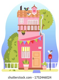 Vector illustration of a colorful two-story bright house. Summer pink marine cottage decorated garland with tree, mailbox and balcony.Blue gradient background. Seagull on the roof. Cute flat building.