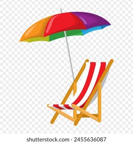 Vector illustration of colorful umbrella with deckchair on transparent background