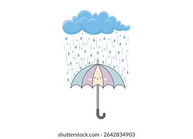 Vector illustration of colorful umbrella with falling raindrops, flat cartoon weather scene with pastel colors, perfect for kids backgrounds, rainy day designs, and seamless patterns

