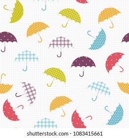 Vector Illustration. Colorful umbrellas pattern. Colorful umbrella isolated seamless on cell wall background. Umbrella in cartoon style for design