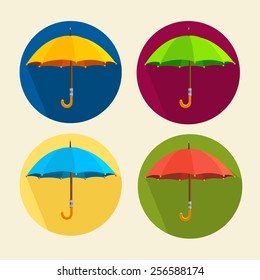 Vector illustration colorful umbrellas set isolated on white. Flat Design. Circle buttons