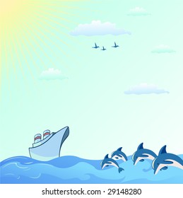 Vector illustration of Colorful useful background with dolphins and  Blue Boat