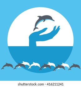  Vector illustration of Colorful useful background with dolphins and Blue Boat