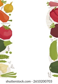 Vector illustration of a colorful vegetable border with various fresh vegetables on a white background, ideal for food-related designs and digital artwork.